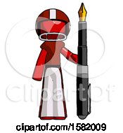 Red Football Player Man Holding Giant Calligraphy Pen