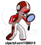 Poster, Art Print Of Red Football Player Man Inspecting With Large Magnifying Glass Right