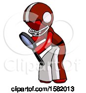Red Football Player Man Inspecting With Large Magnifying Glass Left