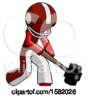 Poster, Art Print Of Red Football Player Man Hitting With Sledgehammer Or Smashing Something At Angle