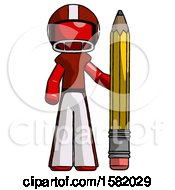 Poster, Art Print Of Red Football Player Man With Large Pencil Standing Ready To Write