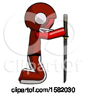 Poster, Art Print Of Red Football Player Man Kneeling With Ninja Sword Katana Showing Respect