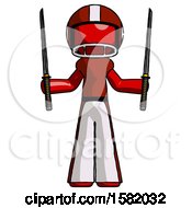Red Football Player Man Posing With Two Ninja Sword Katanas Up