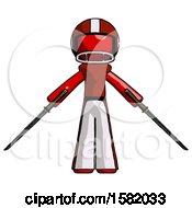 Red Football Player Man Posing With Two Ninja Sword Katanas