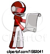 Poster, Art Print Of Red Football Player Man Holding Blueprints Or Scroll