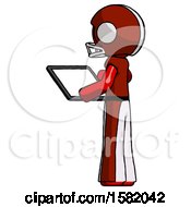 Poster, Art Print Of Red Football Player Man Looking At Tablet Device Computer With Back To Viewer