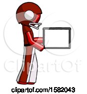 Poster, Art Print Of Red Football Player Man Show Tablet Device Computer To Viewer Blank Area