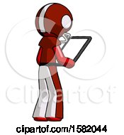 Poster, Art Print Of Red Football Player Man Looking At Tablet Device Computer Facing Away