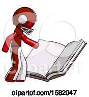 Red Football Player Man Reading Big Book While Standing Beside It