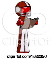 Poster, Art Print Of Red Football Player Man Reading Book While Standing Up Facing Away