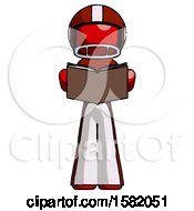 Poster, Art Print Of Red Football Player Man Reading Book While Standing Up Facing Viewer