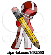 Poster, Art Print Of Red Football Player Man Writing With Large Pencil
