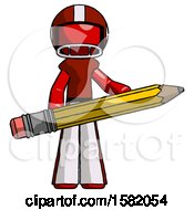 Red Football Player Man Writer Or Blogger Holding Large Pencil