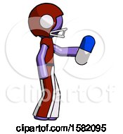 Poster, Art Print Of Purple Football Player Man Holding Blue Pill Walking To Right