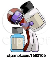 Poster, Art Print Of Purple Football Player Man Holding Large White Medicine Bottle With Bottle In Background