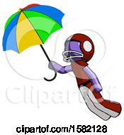 Purple Football Player Man Flying With Rainbow Colored Umbrella