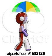Poster, Art Print Of Purple Football Player Man Walking With Colored Umbrella