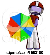 Poster, Art Print Of Purple Football Player Man Holding Rainbow Umbrella Out To Viewer