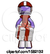Poster, Art Print Of Purple Football Player Man Gifting Present With Large Bow Front View
