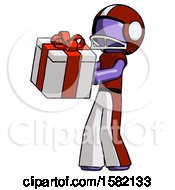 Poster, Art Print Of Purple Football Player Man Presenting A Present With Large Red Bow On It