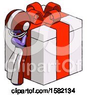 Poster, Art Print Of Purple Football Player Man Leaning On Gift With Red Bow Angle View