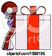 Purple Football Player Man Gift Concept Leaning Against Large Present