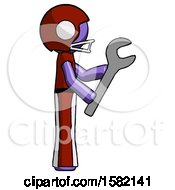 Poster, Art Print Of Purple Football Player Man Using Wrench Adjusting Something To Right