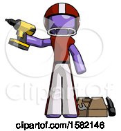 Poster, Art Print Of Purple Football Player Man Holding Drill Ready To Work Toolchest And Tools To Right
