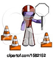 Poster, Art Print Of Purple Football Player Man Holding Stop Sign By Traffic Cones Under Construction Concept