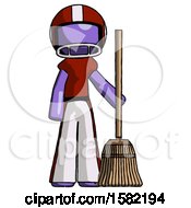 Purple Football Player Man Standing With Broom Cleaning Services