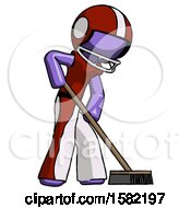 Poster, Art Print Of Purple Football Player Man Cleaning Services Janitor Sweeping Side View
