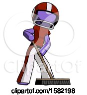 Poster, Art Print Of Purple Football Player Man Cleaning Services Janitor Sweeping Floor With Push Broom