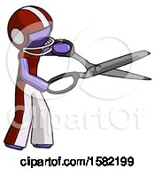 Poster, Art Print Of Purple Football Player Man Holding Giant Scissors Cutting Out Something