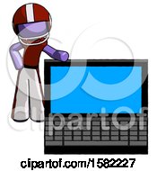 Poster, Art Print Of Purple Football Player Man Beside Large Laptop Computer Leaning Against It