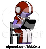 Poster, Art Print Of Purple Football Player Man Using Laptop Computer While Sitting In Chair Angled Right
