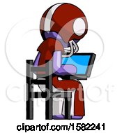 Poster, Art Print Of Purple Football Player Man Using Laptop Computer While Sitting In Chair View From Back