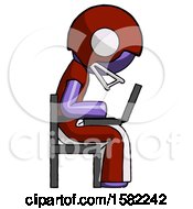 Poster, Art Print Of Purple Football Player Man Using Laptop Computer While Sitting In Chair View From Side