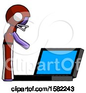 Poster, Art Print Of Purple Football Player Man Using Large Laptop Computer Side Orthographic View