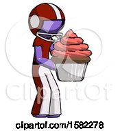 Poster, Art Print Of Purple Football Player Man Holding Large Cupcake Ready To Eat Or Serve