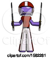 Purple Football Player Man Posing With Two Ninja Sword Katanas Up