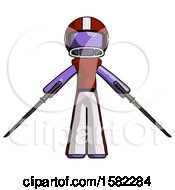 Purple Football Player Man Posing With Two Ninja Sword Katanas