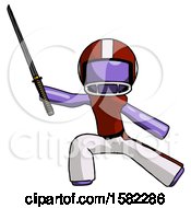 Poster, Art Print Of Purple Football Player Man With Ninja Sword Katana In Defense Pose