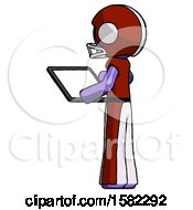 Poster, Art Print Of Purple Football Player Man Looking At Tablet Device Computer With Back To Viewer