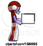 Poster, Art Print Of Purple Football Player Man Show Tablet Device Computer To Viewer Blank Area