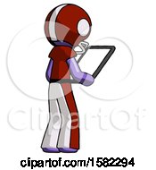 Poster, Art Print Of Purple Football Player Man Looking At Tablet Device Computer Facing Away