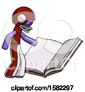 Purple Football Player Man Reading Big Book While Standing Beside It