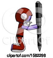 Poster, Art Print Of Purple Football Player Man Posing With Giant Pen In Powerful Yet Awkward Manner
