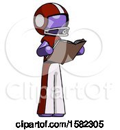 Poster, Art Print Of Purple Football Player Man Reading Book While Standing Up Facing Away
