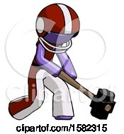 Poster, Art Print Of Purple Football Player Man Hitting With Sledgehammer Or Smashing Something At Angle