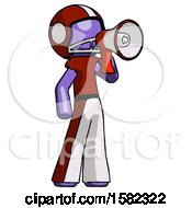 Poster, Art Print Of Purple Football Player Man Shouting Into Megaphone Bullhorn Facing Right